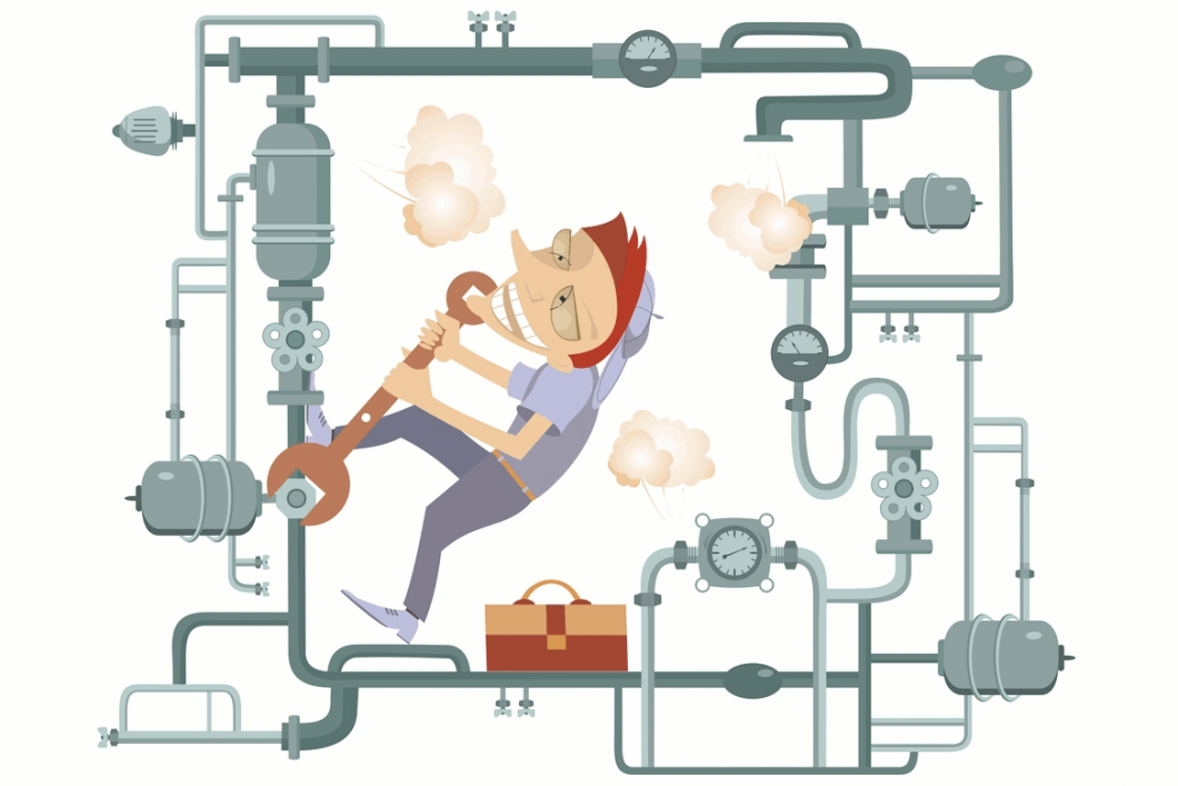 Comic Mechanic Hardly Tightens The Bolt And Repairs Pipe Construction Illustration By Kraftwerk Via Shutterstock