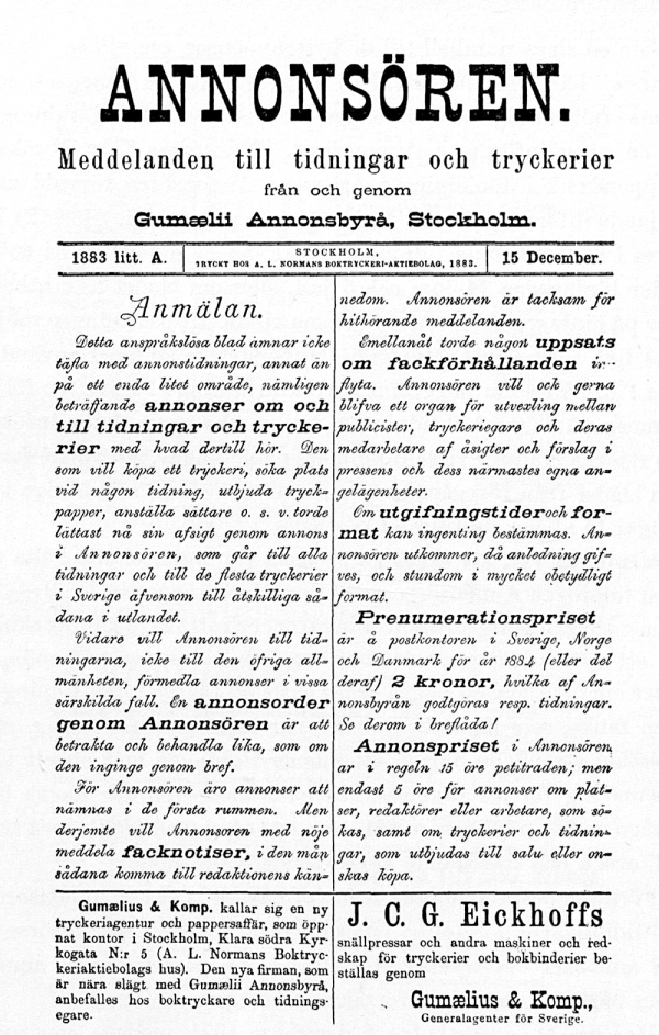 Förstasidan av första nummret av tidningen Annonsören utgiven av Sofia Gumaelius.