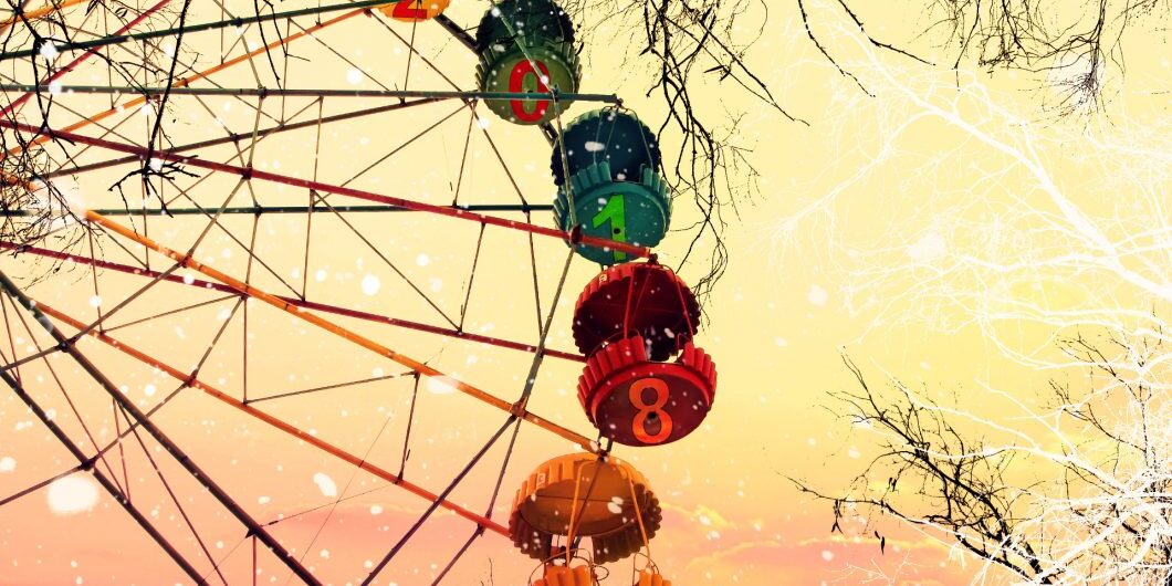 New Year 2018. Two Thousand Eighteen. Ferris Wheel. Naked Trees Under A Snowfall Against Sunrise Sky. Winter Dream