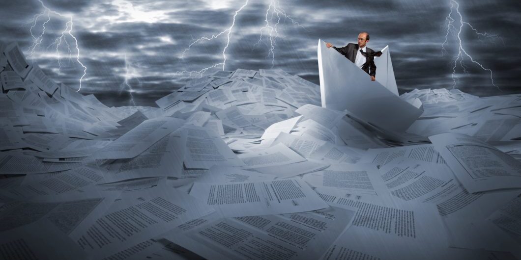 Lost Alone Businessman Sailing In Stormy Papers Sea