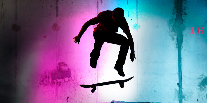 Teenager Jumping, Skateboarding At Night Black Silhouette