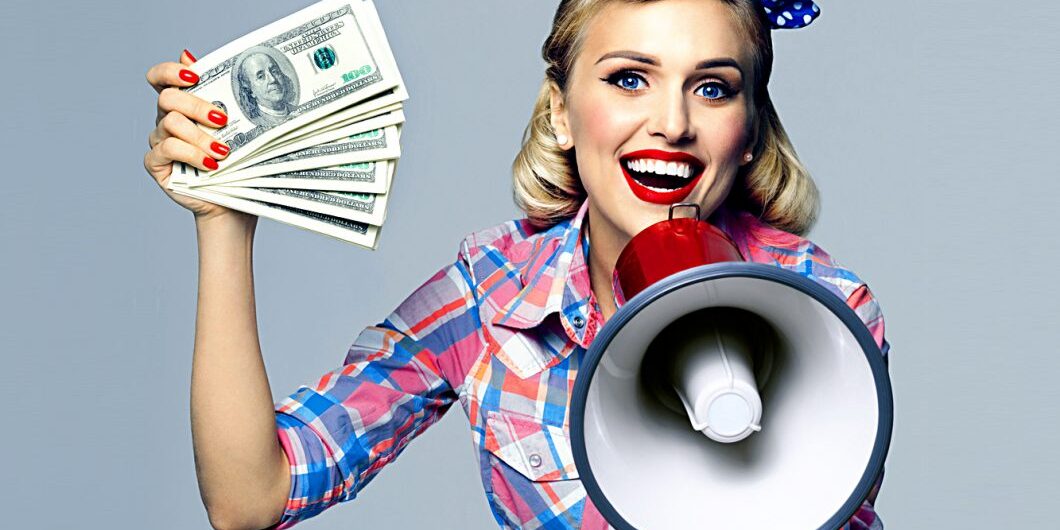 Woman with money and megaphone by vgstudio via shutterstock